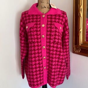 ENTRO Women Oversized Cardigan Sweater Long Sleeves Button Up Barbie Pink M